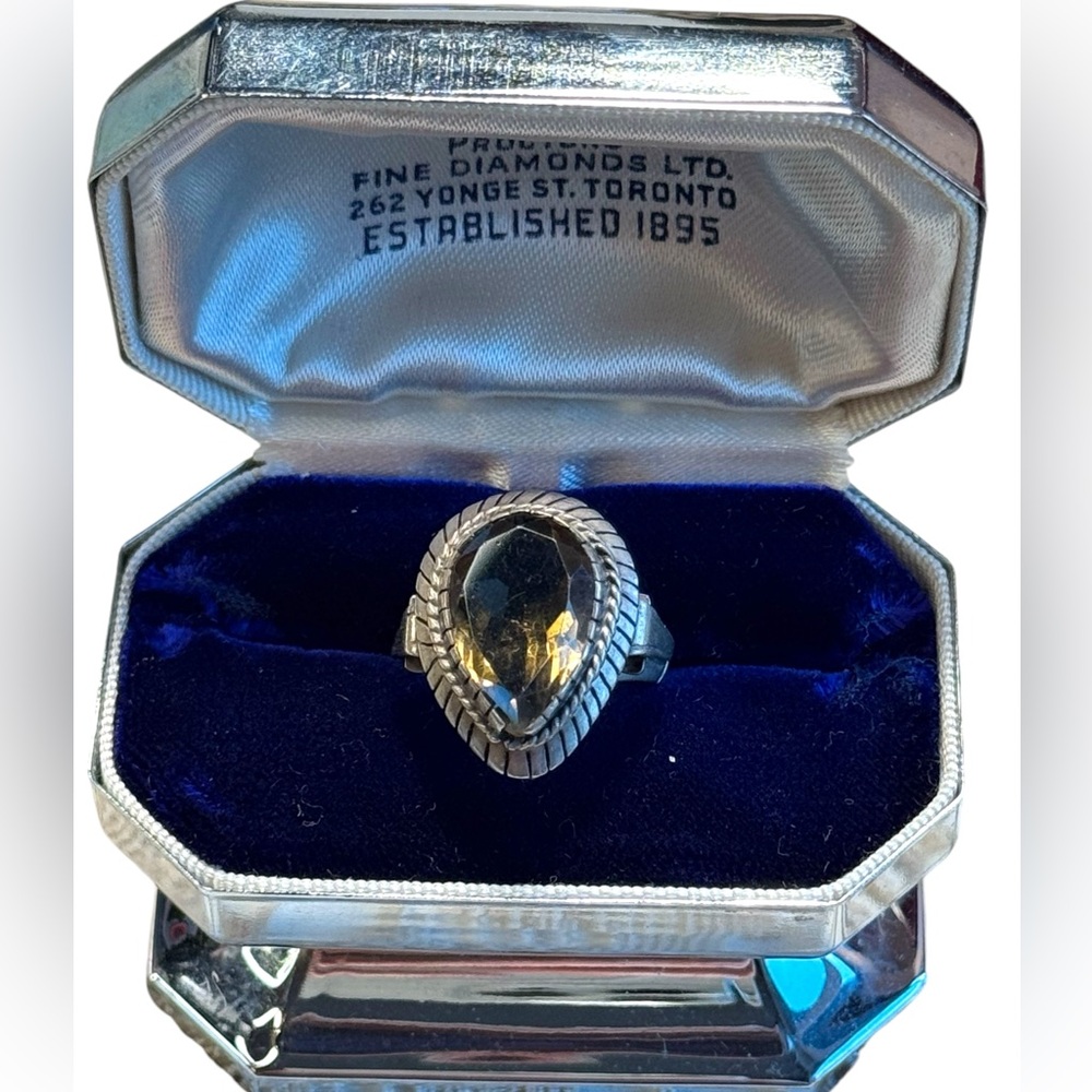 Antique smokey quartz sterling silver 925 lg pear shape fancy ring